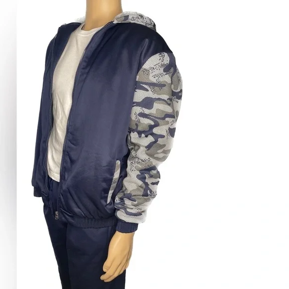 Fleece Lined Camo Hooded Jacket (Size: 4XL Youth, Color: Navy Blue/Grey) - Picture 3 of 4